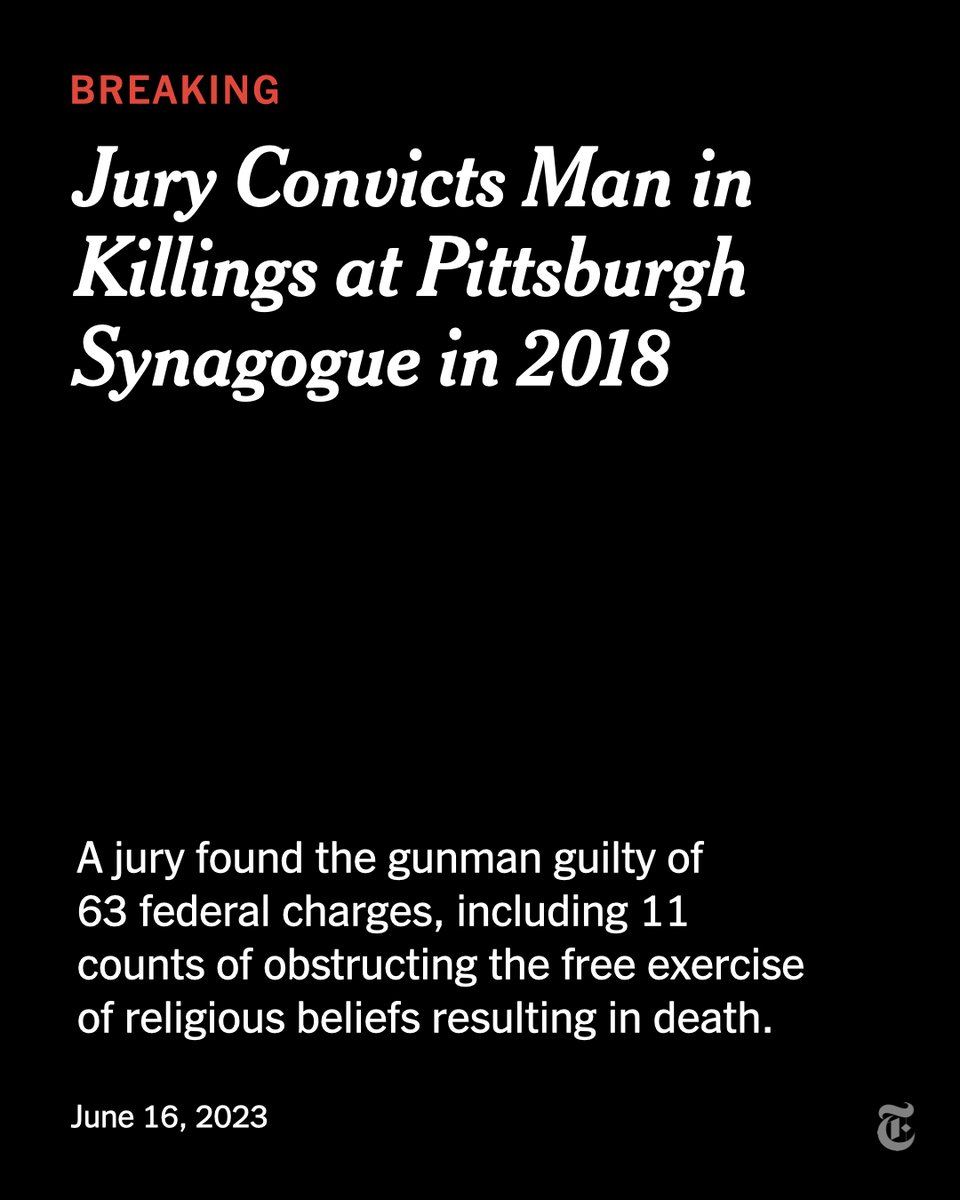 Breaking News: The gunman who killed 11 people at the Tree of Life synagogue in Pittsburgh in 2018, considered to be the deadliest antisemitic attack in U.S. history, was found guilty of 63 charges in a trial that may end in a death sentence. nyti.ms/3pco08L