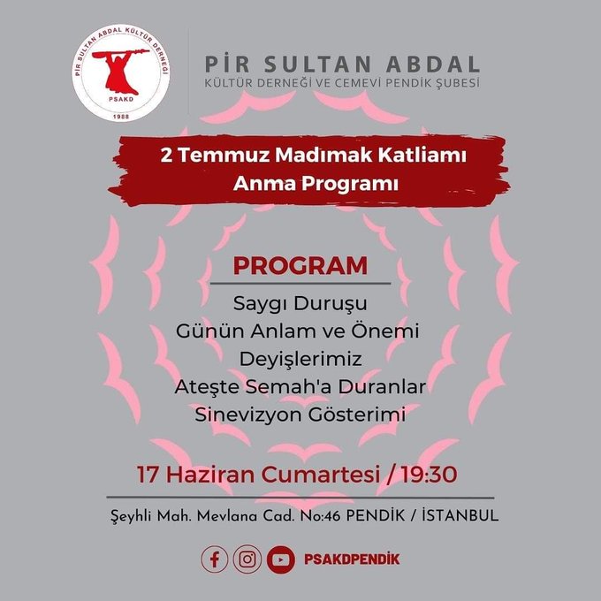 17 Haziran 2023: #MadımakKatliamı’nın 30. yıldönümü’nde hep birlikte #Sivas’ta olacağız 19.30’da Dernek bahçemizde anma programı yapılacak #psakd #psakdgençlik #2temmuzsivaskatliamı

#SivasıUnutmaUnutturma
#Madımak
#SivasİçinAdalet
#Sivaskatliamı
#33CanÖlümsüzdür
#Sıvaskatlıamı