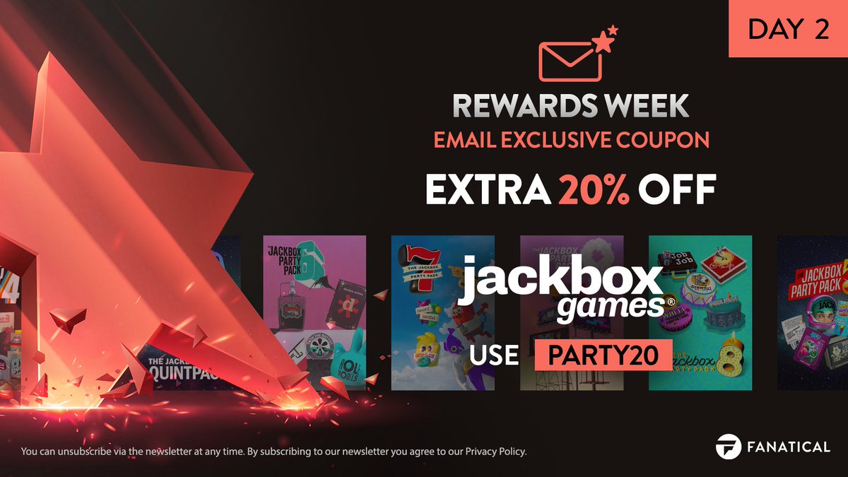 Fanatical's tweet image. 📢 We're giving tons of rewards this week to all of you who are signed up for our newsletter! Today's is an extra 20% off on the #Jackbox games! From the Party Pack to #Quiplash and #Drawful2. Use "PARTY20" here: fant.cl/rwTW #gamedeals