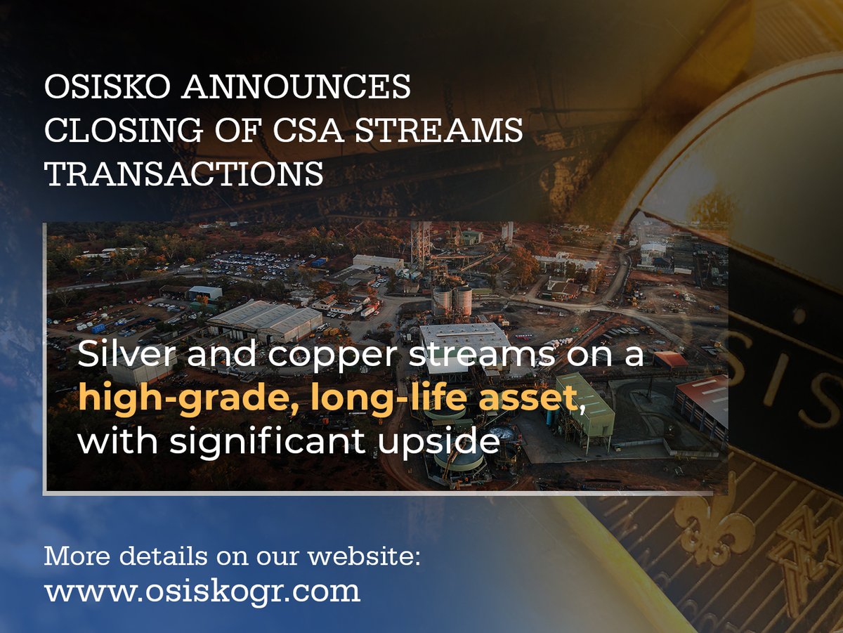 Earlier today, Osisko reported the closing of the previously announced metals streams transactions with Metals Acquisition Limited on CSA mine in NSW, Australia. More details at osiskogr.com/en/ #osisko #osiskogoldroyalties #miningnews #gold #mining #transaction