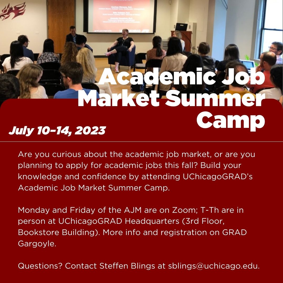 Are you curious about the academic job market or planning to apply for academic jobs this fall? Build knowledge and confidence by attending UChicagoGRAD’s Academic Job Market Summer Camp (July 10–14)! More info: grad.uchicago.edu/career-events #jobseekers #academia #postdoc #PhD
