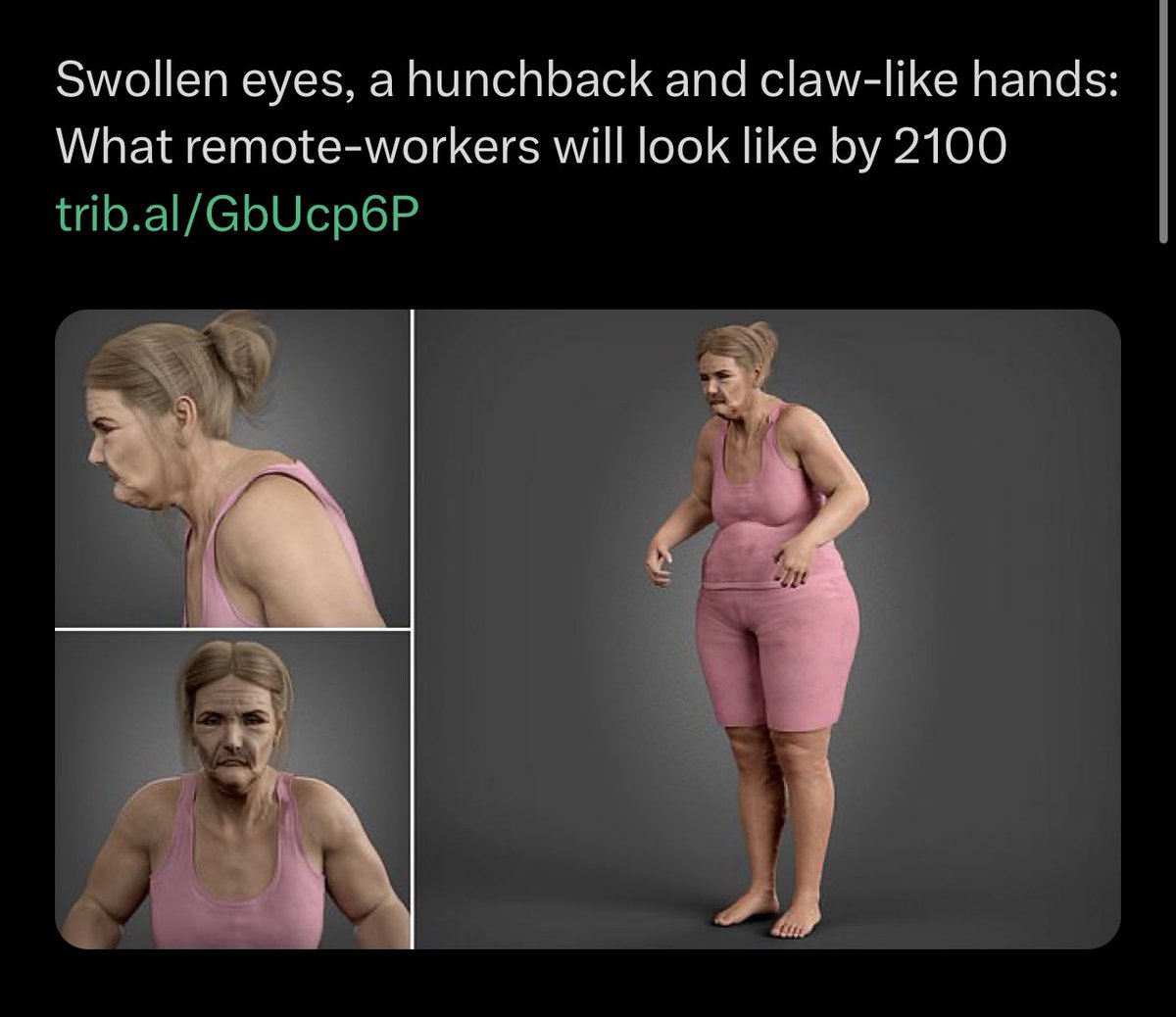 I find the newest “anti remote-work” propaganda amusing.

If anything, remote work will help you avoid becoming like the person in the pic. 

When you work remotely, you can fragment your working day as you wish. You can exercise, stretch, sleep or do any other activity.

On the