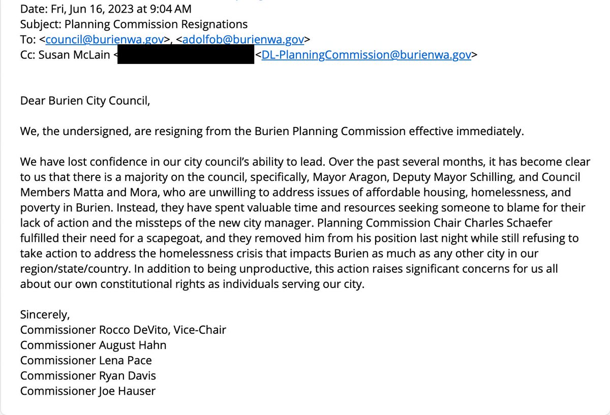 After last night's Special Meeting of the Burien City Council in which Planning Commission Chair Charles Schaeffer was removed from the Planning Commission by a 4-3 vote, five Planning Commissioners quit this morning and shared why. 🧵