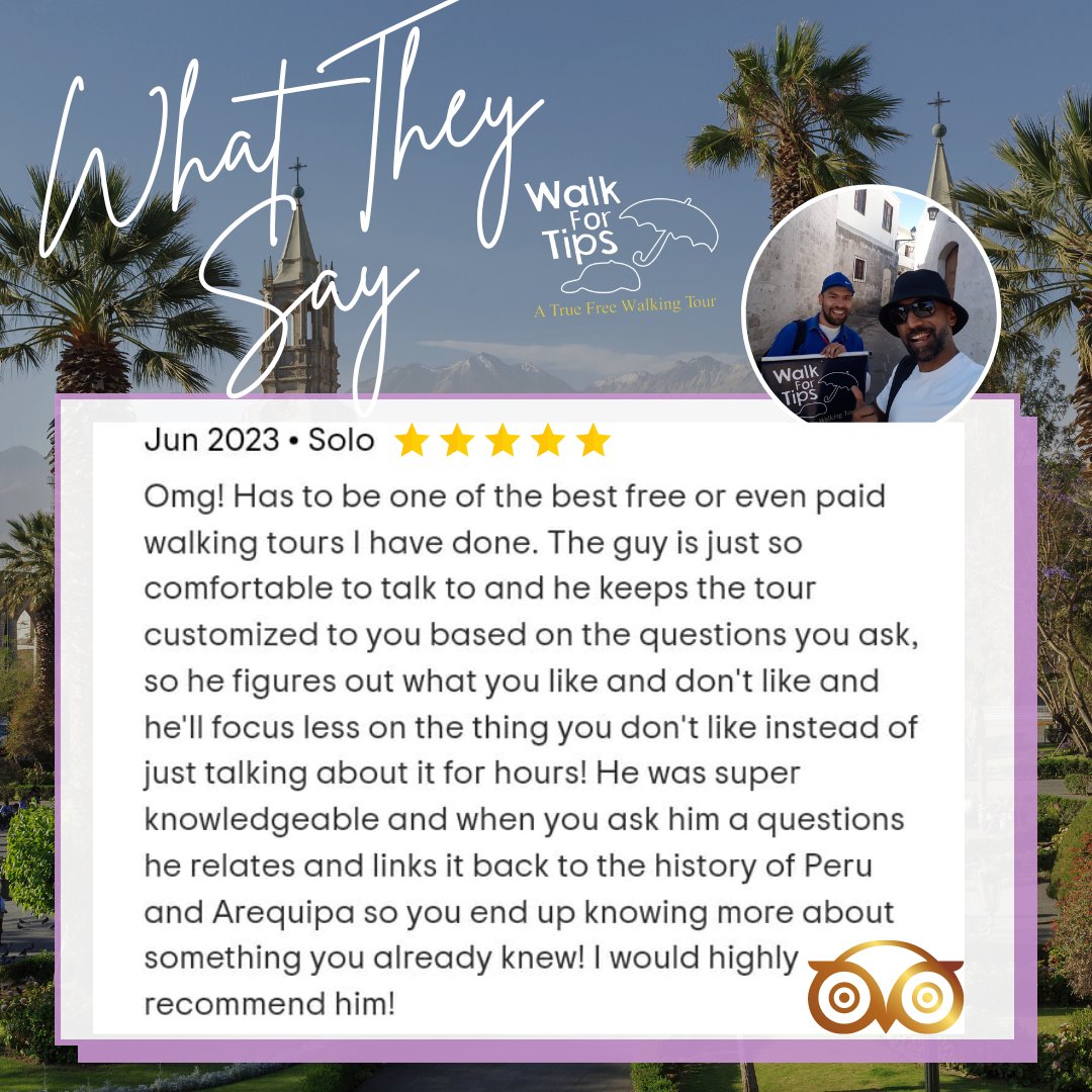 🦉 Thank you to our favorite walkers for all their comments 🦉
#Arequipa #WalkForTips #Free #FreeTours #WalkingTours #Tourism #ontripadvisor🦉 #guidetours #GuideTravels #peru🇵🇪 #Peru #airbnb #Junio  #South ☀️ #World  #Spring #普通話之旅 #rafting #PeruvianFood #CookingClass