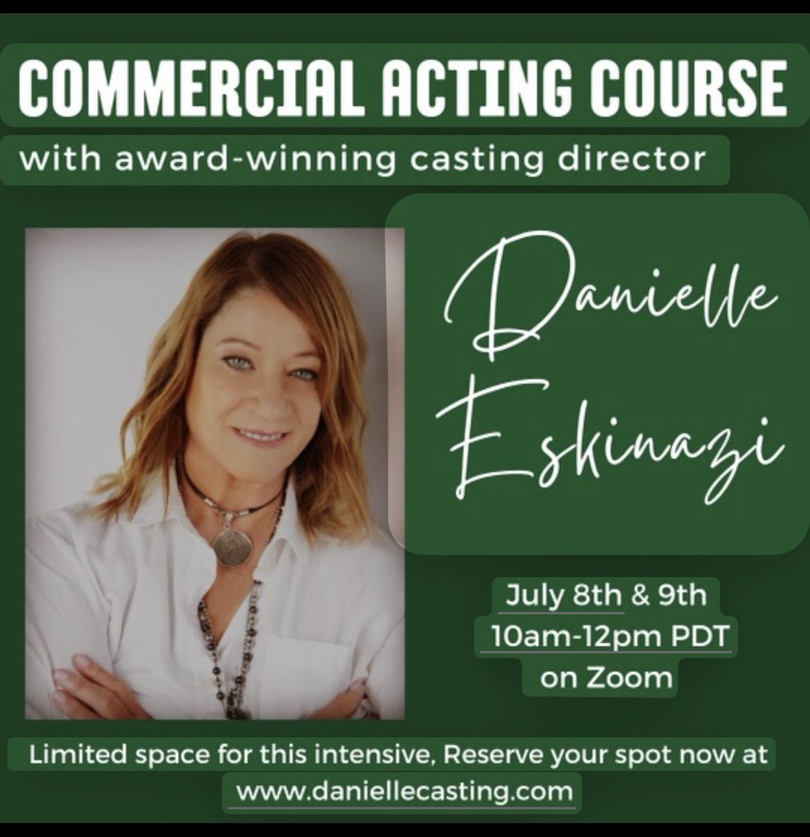 3 spots left for my commercial workshop class for July 8th and 9th 
#KnowledgeIsPower #castingdirector #actorslife