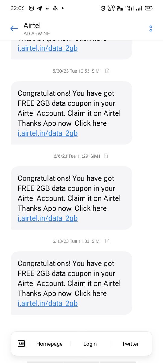 SandipTrivedi6's tweet photo. @airtelindia If you don't able to give us Free 2gb data coupon why sent this type of sms https://t.co/TJp4QsVgUN