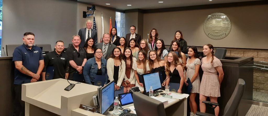 alysadelval2023's tweet photo. What an honor to be recognized by Garden Grove City Council members for our CIF win. Proud to be a part of this team and be able to bring a title back to our hometown before I start my next chapter. #lastride #futurebeav #forevermariner @PacHS_Softball https://t.co/mzjoX5Wct9