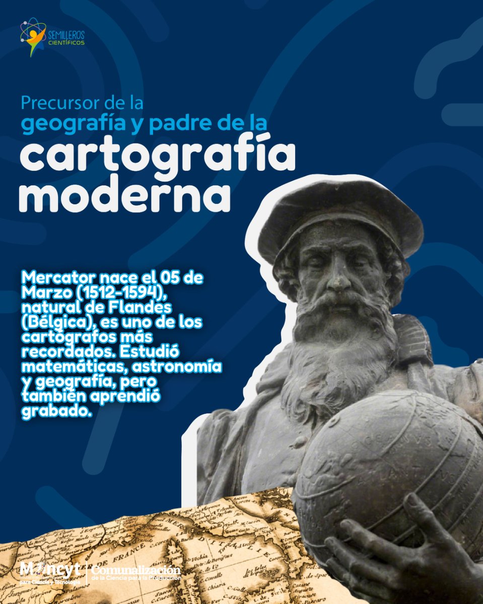 semillerosc_'s tweet photo. ¿Sabías que Gerardus Mecator creó el primer mapa del mundo con una proyección cilíndrica? 🌍
Descubre más sobre este genio de la cartografía en este #cápsulacientífica y explora más en esta #AventuraCientífica. 🚀

#GerardusMecator #ciencia #mapa https://t.co/2FFmRbQRcG