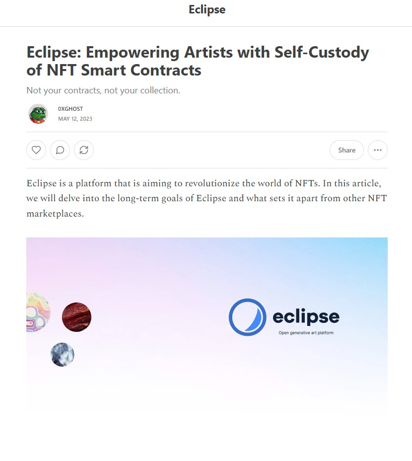 At Eclipse, we aim to empower artists by providing them with complete control over their collections and enabling them to launch their collections without any external dependencies ✨

Find out more about what sets Eclipse apart here:
eclipseart.substack.com/p/eclipse-empo…

#NFT #generativeart