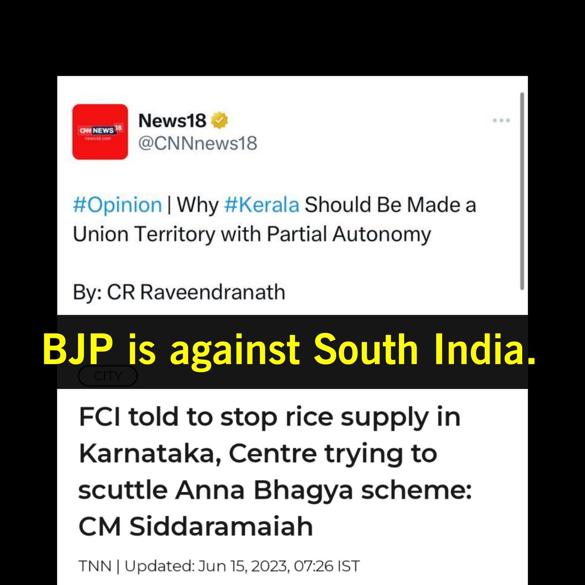 BJP can't win a single seat in Kerala & now they want to make Kerala an Union Territory.

BJP lost Karnataka & now they stopped Rice grain supply to Karnataka.