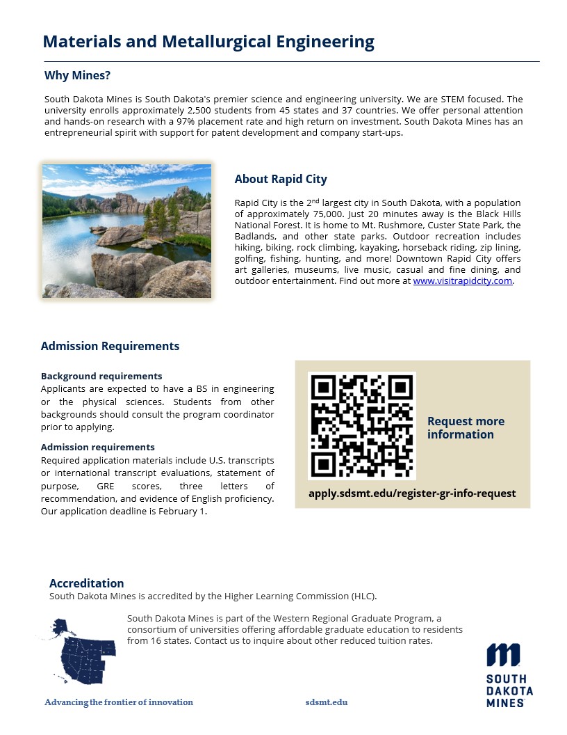 SDSMT_GradEdu's tweet image. Happy &quot;Program Feature Friday!&quot; Today we present our Materials and Metallurgical Engineering program. Do you or someone you know have an interest in this program? Please contact Dr. Jasthi.  #SouthDakotaMines #graduateeducation #materialsengineering #metallurgicalengineering