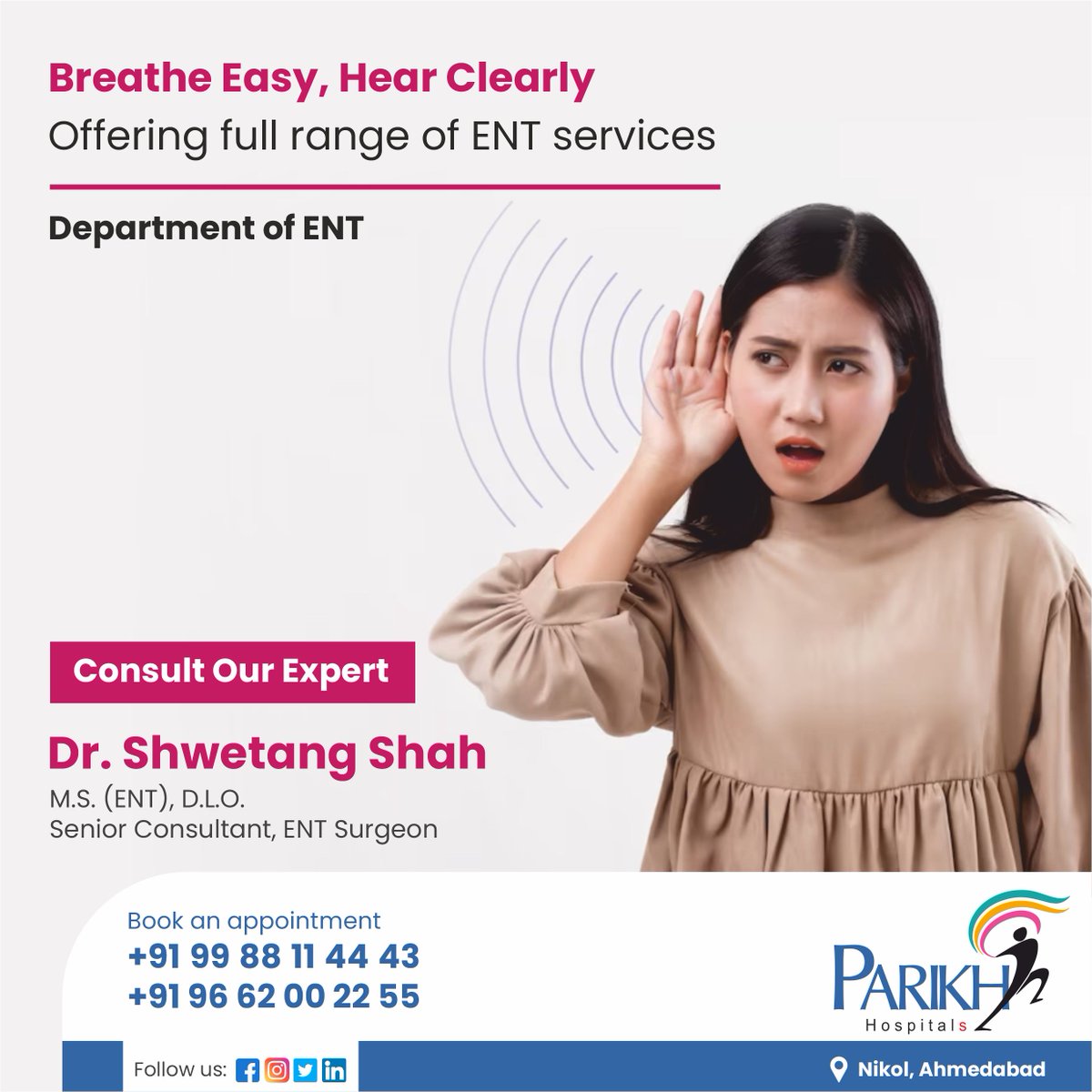Are you suffering from Ear problems ? Trust Parikh Hospital, Nikol, Ahmedabad for expert care. These problems can come up due to a number of reasons, including infections, genetics, allergies or trauma. #ParikhHospitals #nikol #Ent #ear #nose #throat #bestdoctor #besthospital