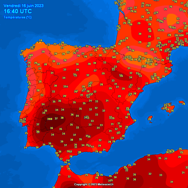 extremetemps's tweet photo. New 2023 highest temperature in Europe returns to Spain today with 39.9C at Almonte. 4 stations >39C, Portugal also reached 39C yesterday and today.
The first 40C in Europe is a matter of days.
In France 34.8C today, the 2023 highest. https://t.co/pU2tSYU4O8