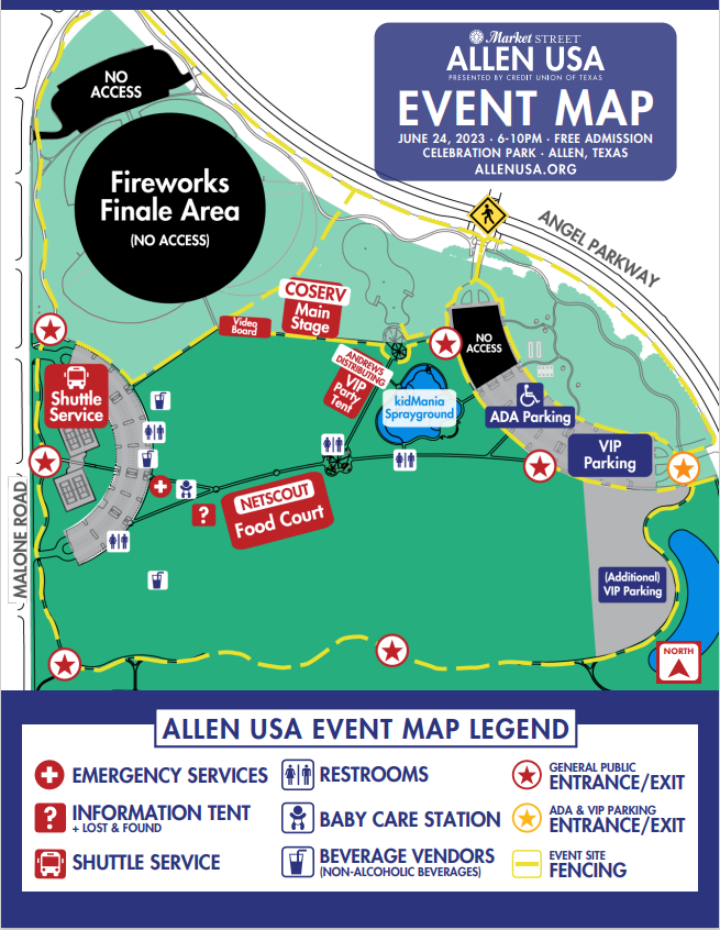 Allen_USA's tweet photo. We are just about a week away from Market Street Allen USA presented by Credit Union of Texas! Join us at Celebration Park on Saturday, June 24, beginning at 6 p.m. with fireworks at 9:30 p.m. Check out the event map below for all the essential details. https://t.co/Jefx7vsXGf