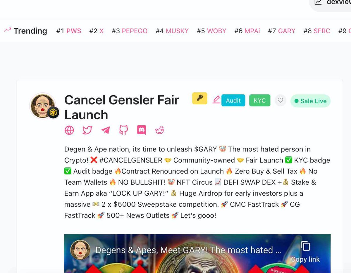 Cancel Gensler $GARY Trending 7th on PinkSale 🤡🎪🔥 PinkSale: pinksale.finance/launchpad/0x5f… Press Release to over 450 News Outlets reaching a potential of 80 million people. Check out t.me/cancelgensler/… for more details ✊ #memecoin #memecoins #pinksalelisting #fairlaunch