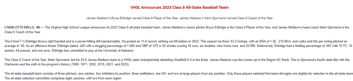 VHSL_'s tweet photo. VHSL Announces 2023 Class 6 All-State Baseball Team https://t.co/K93aZNrbio