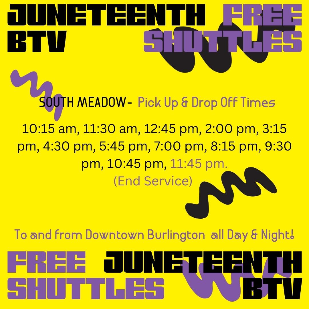 💫 FREE SHUTTLES! ✨ TO AND FROM BTV JUNETEENTH! 
 We hope this helps bring our beautiful community together TOMORROW, Saturday, 6/17! 💜
 more info & schedules via linktree 🌟 (find your neighborhood!)
   #SPREADTHEWORD #TELLAFRIENDTOTELLAFRIEND