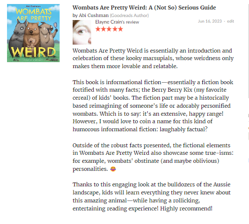 elaynecrain's tweet photo. Today's #ChewyReviewy is "Wombats Are Pretty Weird" by @abicushman.
An engaging (and hilarious) look at the bulldozers of the Aussie landscape.
Online review on Amazon & Goodreads!
#kidlit #bookrecs #pb #infonf #humor
https://t.co/VWDdP5sM3t https://t.co/D4o7HVCMgF