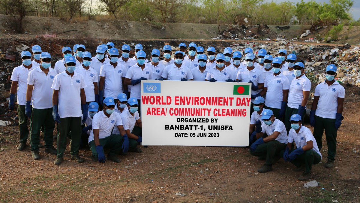 banbatt1_UNISFA's tweet photo. BANBATT organized an awareness campaign and clean-up drive with the theme of "Beat Plastic Pollution" on World Environment Day.
πΊπ³ποΈπ§π©
#unisfa #unitednations #peacekeeping #bangladesharmy #peacekeeper #banbatt #unep #worldenvironmentday #plasticpollution #jbvmm #sudan #kadugli https://t.co/5NxVls6qiA