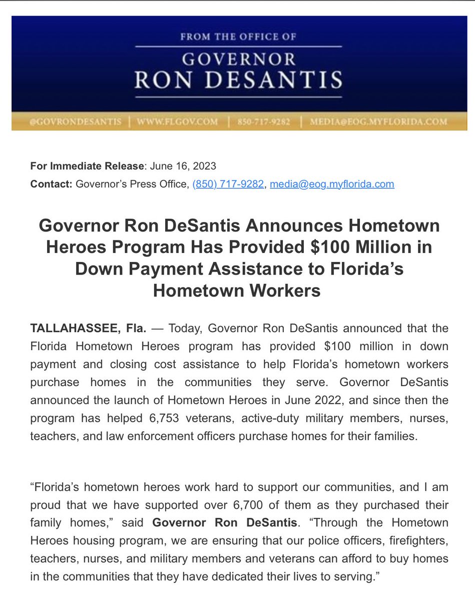 Florida’s veterans, military members, nurses, officers & teachers are the backbone of our state. This is an amazing accomplishment to help these heroes live the American Dream in the communities they serve. Well done, @GovRonDeSantis, @floridarealtors, & @Florida_Housing! #FlaPol