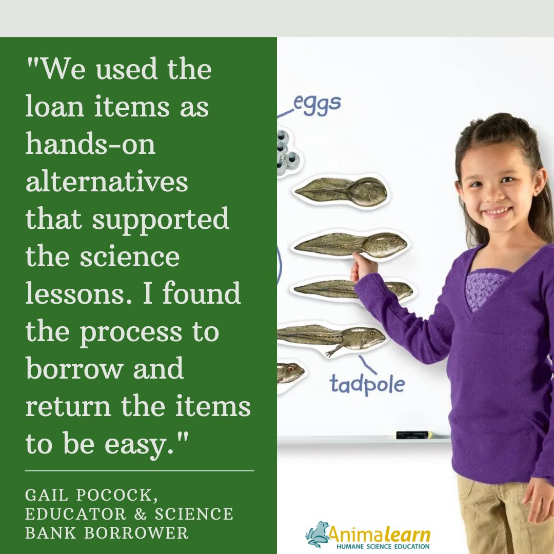 #WednesdayWisdom from #Humane #Educator & #Science Bank borrower, Gail Pocock on how the items were utilized and her borrowing experience. Borrow for FREE today! #humanescience #humaneeducation #teachers #educators #scienceeducation #lifesciences #teachertwitter #edutwitter #k12