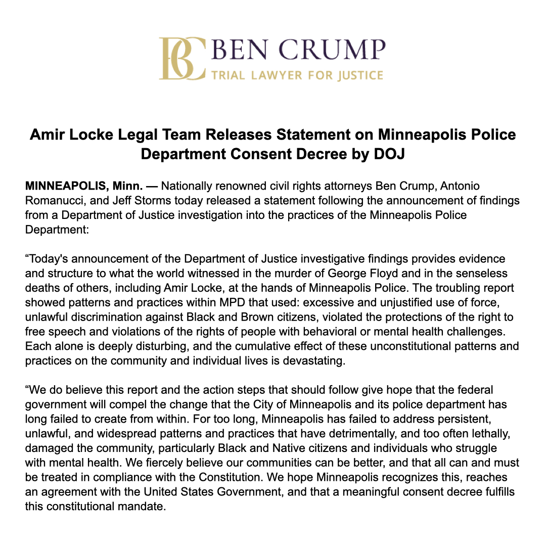 BenCrumpLaw's tweet image. NEWS ALERT: @AttorneyCrump, @TonyRomanucci, and @Jeff_Storms have released a statement following the announcement of findings from the Department of Justice investigation into the practices of the Minneapolis Police Department.