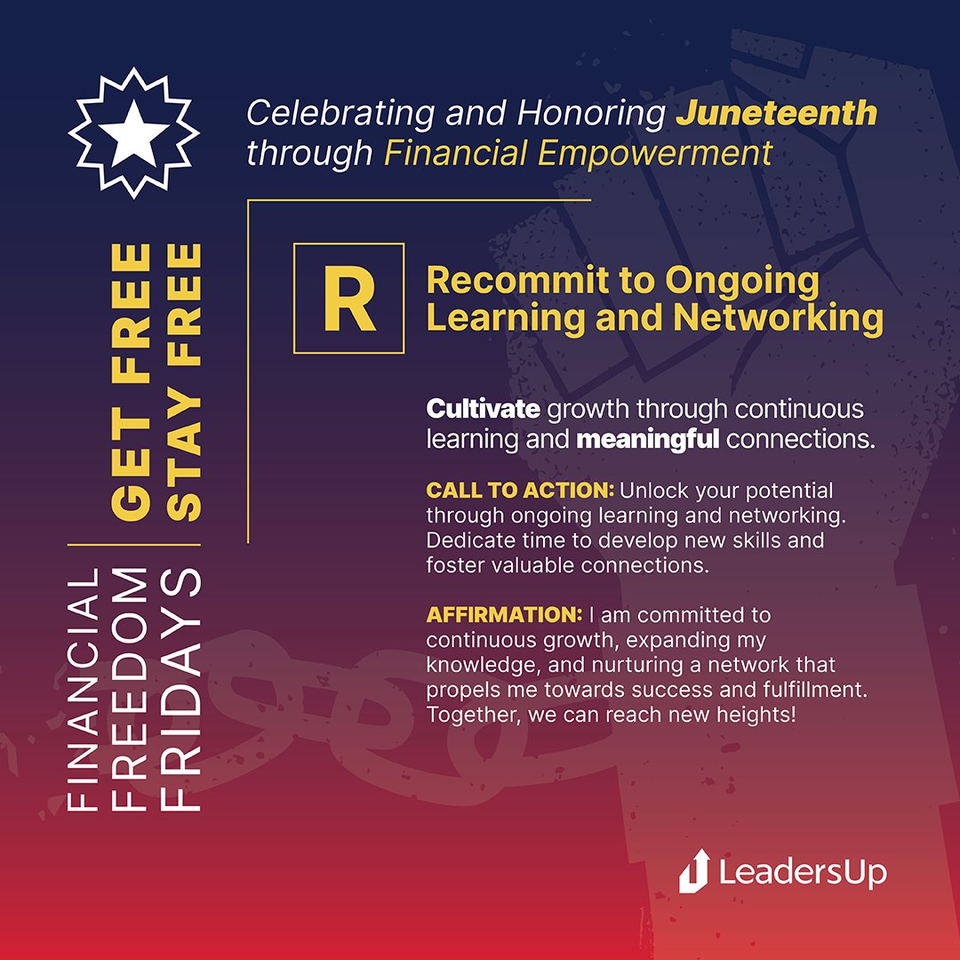 Leaders_Up's tweet image. Join us for this month for the #FREEChallenge #JuneteenthEdition as we talk about Getting F.R.E.E. and Staying F.R.E.E. with #FinancialFreedom! ✊🏾

FIRST UP:

F ➡ Focused and Fearless #FinancialPlanning
R ➡ Recommit to Ongoing Learning and Networking 

#Liberation #Equality