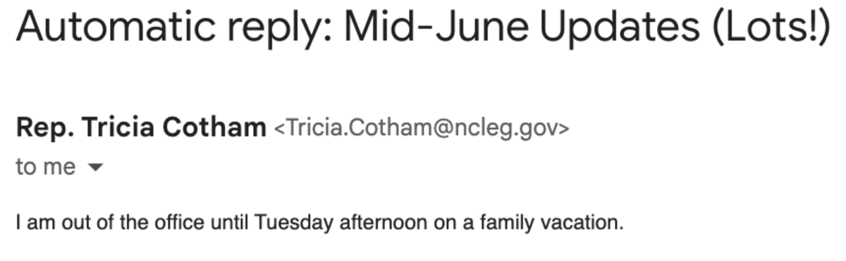 Hey, .<a href="/triciacotham/">Tricia Cotham</a> ! We didn't know you were a subscriber to our newsletter--welcome! We hope you learn something about how your opportunistic party switch and vote for a monster abortion ban was a spit in the face of people seeking compassionate care in the Carolinas.