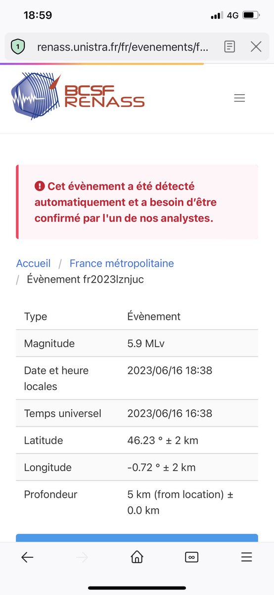 Séisme fort ouest France , détermination en cours