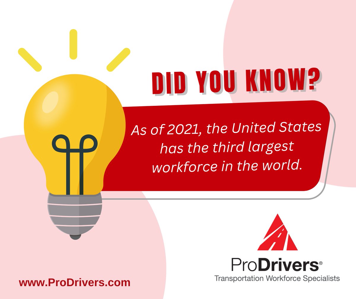 ProDrivers's tweet image. The United States&apos; workforce is about 164.2 million people, ranking us as the third largest workforce in the world. As an Employbridge company, we strive to be the #BridgeToBetter and serve our growing workforce every single day. #FunFactFriday
