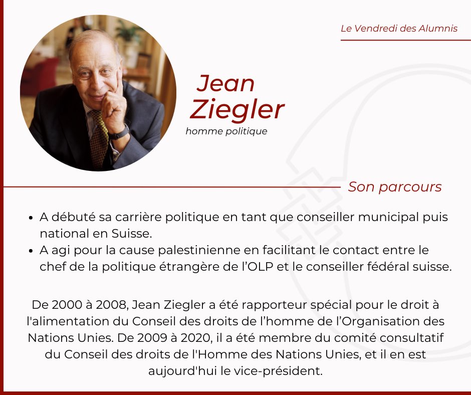 [LE VENDREDI DES ALUMNIS]

Tous les vendredis, la Conférence Olivaint vous présente l’un de ses alumnis, dont le parcours a marqué la vie publique française.

Cette semaine, découvrez Jean Ziegler : homme politique, et ancien membre de la Conférence Olivaint. 👇
