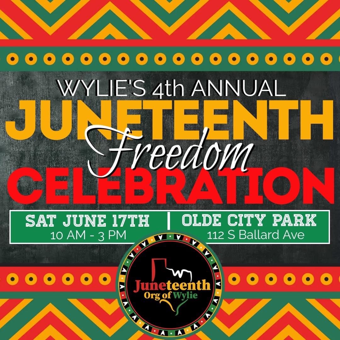Grab your lawn chairs, water bottles, family, and neighbors for a fun afternoon of Juneteenth fellowship this Saturday, June 17 in Olde City Park from 10am - 3pm.
Thank you to the volunteer committee of local Wylie residents for the hard work of planning this annual festival!