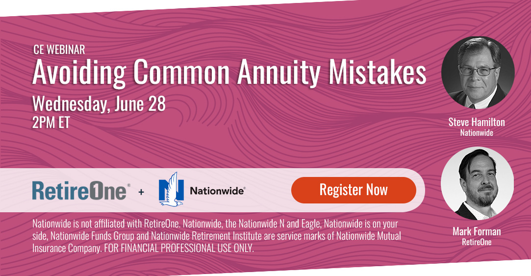 RetireOne's tweet image. Join RetireOne’s Mark Forman and Steve Hamilton of Nationwide on Wednesday, June 28 at 2PM ET to learn how RIAs may navigate the  nuances of annuity contracts to avoid costly and avoidable mistakes.

Register now: edu.retireone.com/avoidingcommon…

#webinar #annuities #insurance