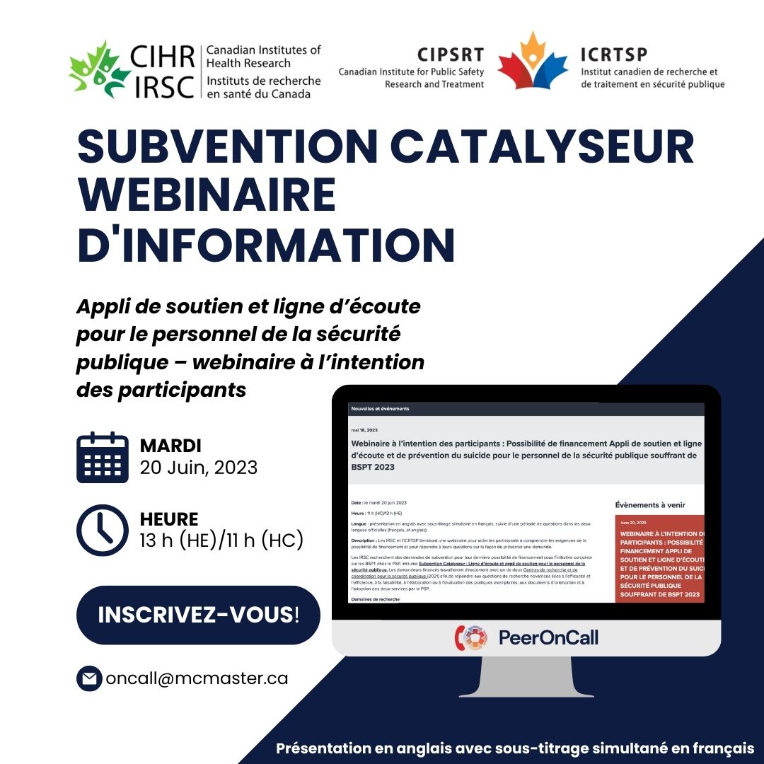 Inscrivez-vous au webinaire d'information sur les Subventions Catalyseur organisé par les <a href="/CIHR_IRSC/">CIHR</a> et <a href="/CIPSRT_ICRTSP/">CIPSRT</a>! 

🗓️ Le mardi 20 juin
⏰ 13 h (HE), 11 h (HC)
📧 oncall@mcmaster.ca 

cipsrt-icrtsp.ca/fr/webinaire-a…