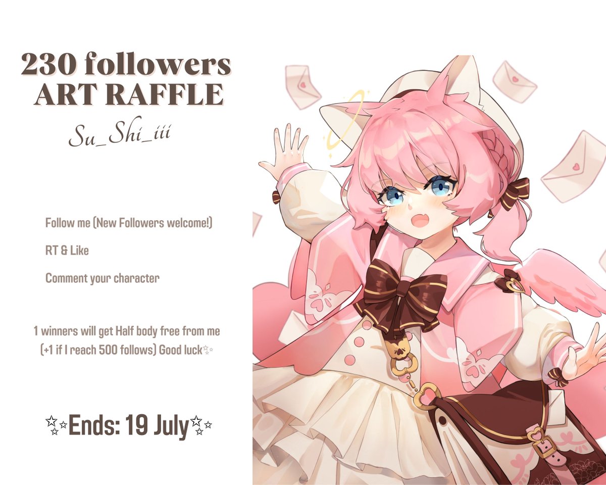 Su_Shi_iii's tweet photo. 🍀230 ART RAFFLE🍀

♡ Follow me (New Followers welcome!) 
♡ RT &amp; Like 
♡ Comment your character

✨Ends: 19 July✨

(The character can be anyone)

1 winners will get Half body free from  me(+1 if I reach 500 follows)✨Good luck!

#raffle #artraffle https://t.co/sSEINechlT