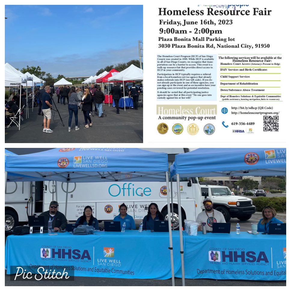 .<a href="/SDCountyHHSA/">SD HHSA</a> #HSEC #OHS in partnership with <a href="/SDdistAtty/">SD District Attorney</a>, <a href="/PubDefOutreach/">San Diego Public Defender Outreach Team</a>, <a href="/SanDiegoARCC/">San Diego County Assessor/ Recorder/ County Clerk</a> and other providers in Plaza Bonita Mall today until 2 pm providing the unsheltered community with access to services and housing resources.