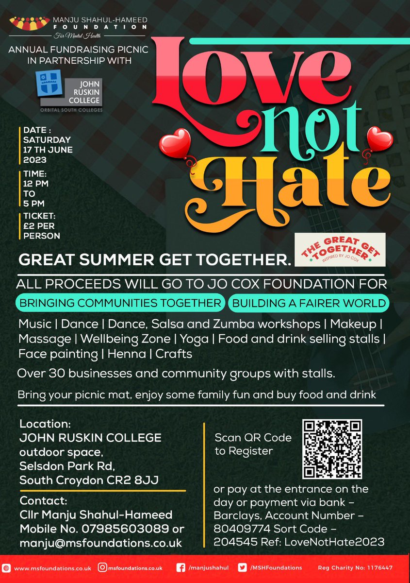 TOMORROW is @MSHFoundations ‘ #LovenotHate fundraising picnic at @JRuskinCollege for @JoCoxFoundation 
with arts & crafts, live cooking, music and dance, salsa, Zumba and yoga. @great_together (1/2)