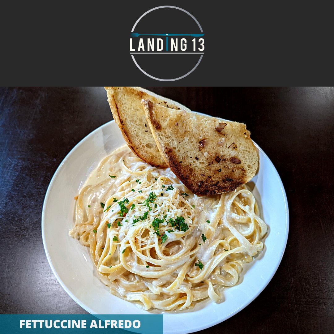Try our popular Fettuccine Alfredo today! Fettuccine pasta tossed in a creamy house made alfredo sauce, & topped with parmesan cheese. Served with garlic bread.  Chicken & prawn add-on available.

#Landing13
#Porterville
#Pasta
#FettuccineAlfredo
#Fettuccine
#Alfredo
