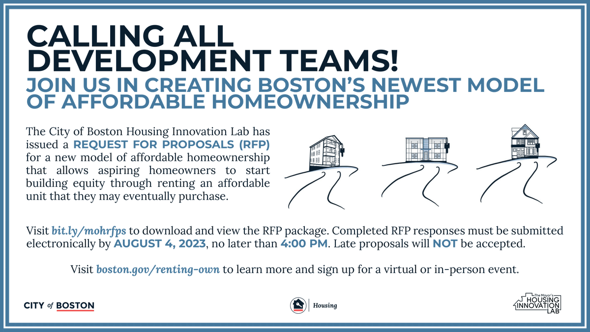 BostonNeighbor's tweet photo. Calling all #innovators! Help create a brighter future in Boston. Share your rent-to-own solutions with us and join our #AffordableHousing mission.
Check out our Request for Proposals and share your homeownership ideas with our Housing Innovation Lab. https://t.co/Ck3gEDZiP0 https://t.co/9RzxQEQTKm
