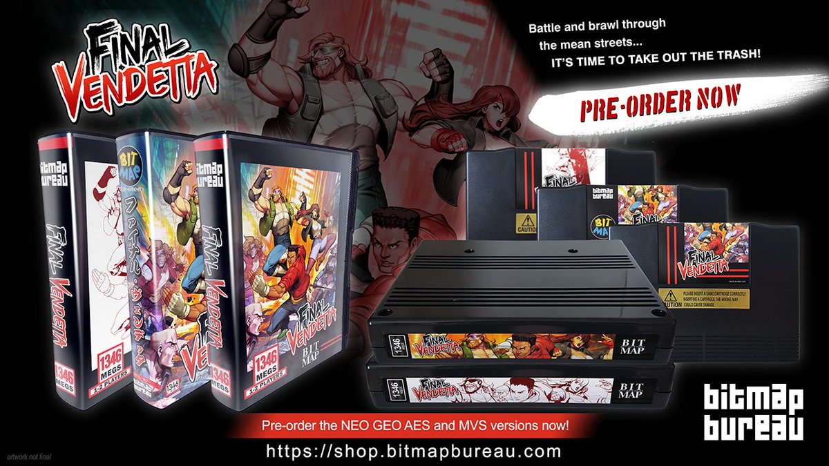 BitmapBureau's tweet image. Final Vendetta turns one year old today, and what better way to celebrate than by announcing that pre-orders for the Neo Geo AES and MVS versions are now open! 🥳 #finalvendetta #NeoGeo