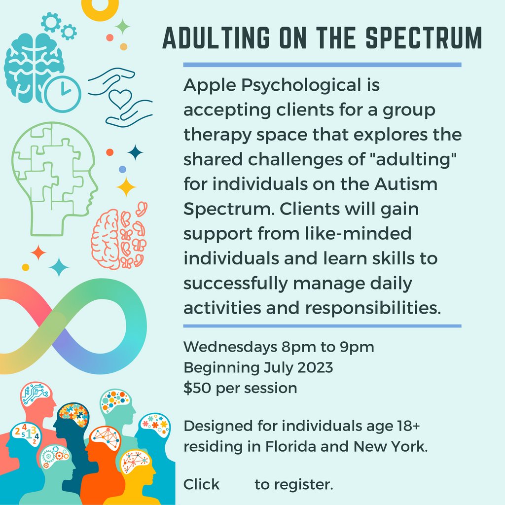 applepsyc's tweet image. ADULTING ON THE SPECTRUM
#autism #adulting #mentalhealth #grouptherapy #therapy

Click Here To Register
bit.ly/43Jmha2
