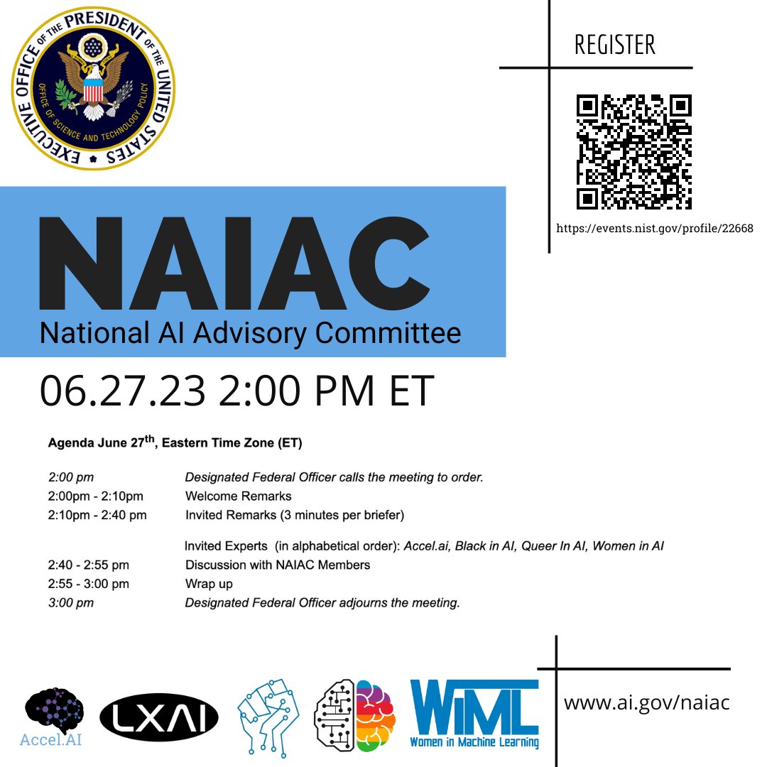 I look forward to briefing the National AI Advisory Committee, which advises the President and NAIIO, on June 27th, alongside other leaders. More details at ai.gov/naiac/#MEETINGS, and register to watch at events.nist.gov/profile/22668  #NAIAC