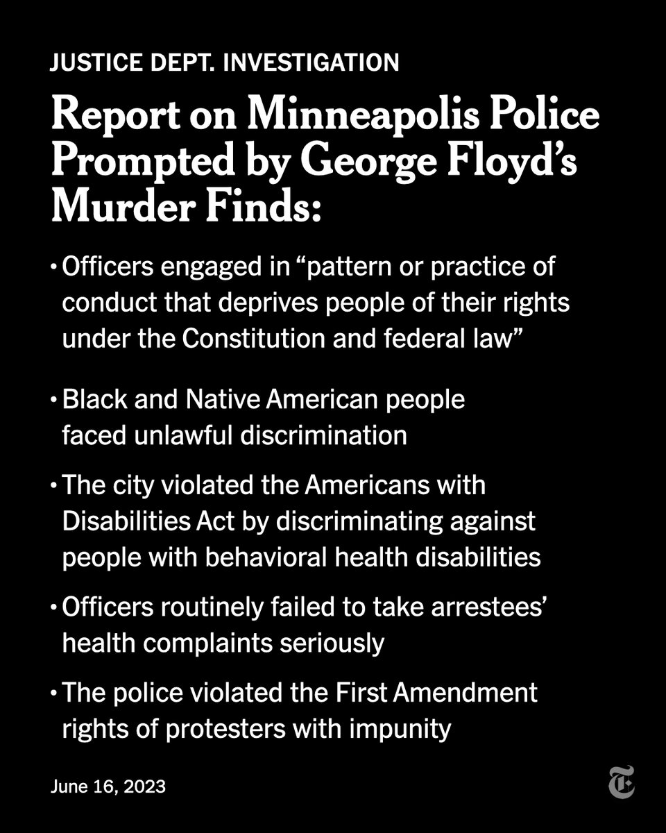 nytimes's tweet photo. The Justice Department accused the Minneapolis Police Department of rampant discrimination, unlawful conduct and systemic mismanagement in a scathing 89-page report released on Friday. Here are the key allegations from the report. https://t.co/fz02PnIguG https://t.co/lgZ9VM5T94