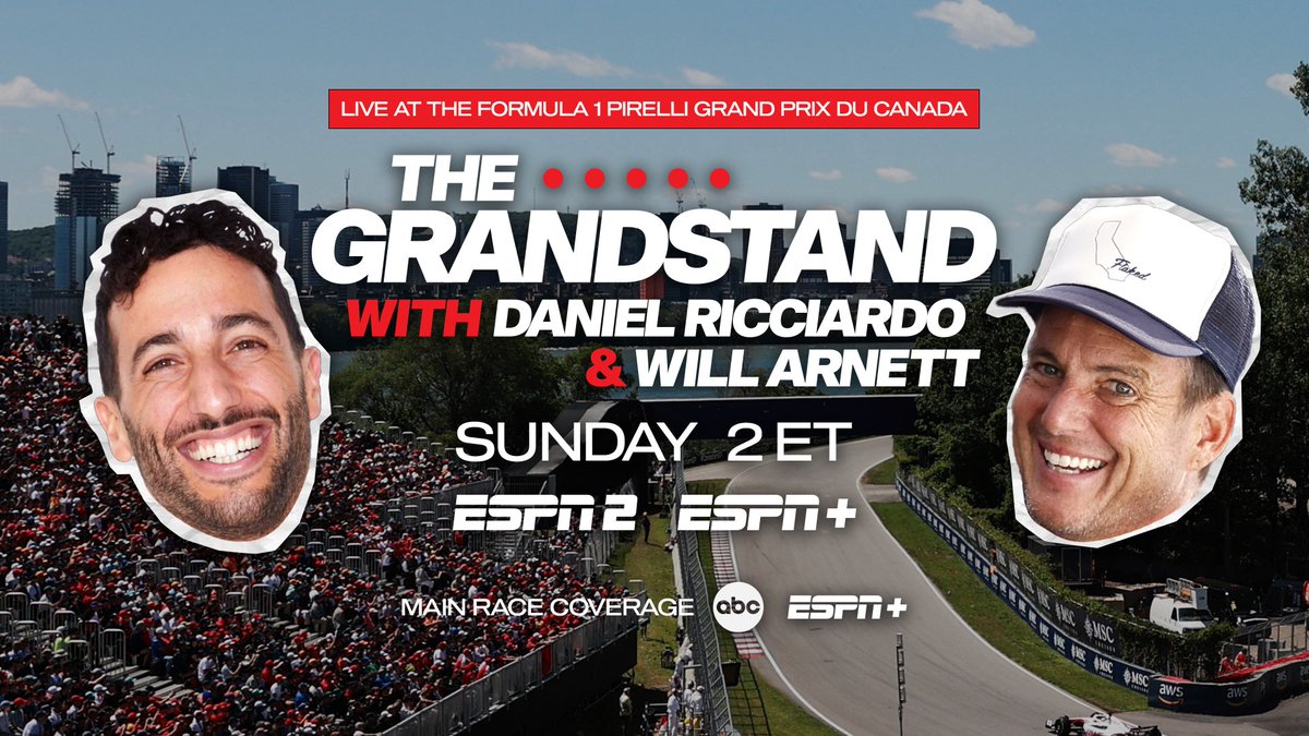 Sunday, ESPN's #F1 alternate telecast 'The Grandstand with @danielricciardo & @arnettwill' debuts at 1:55p ET on ESPN2

Special guests:
🏁 @PatrickDempsey
🏁 @MoneyLynch
🏁 Additional guests to be announced

*Traditional #CanadianGP coverage begins at 12:30p ET on @ABCNetwork