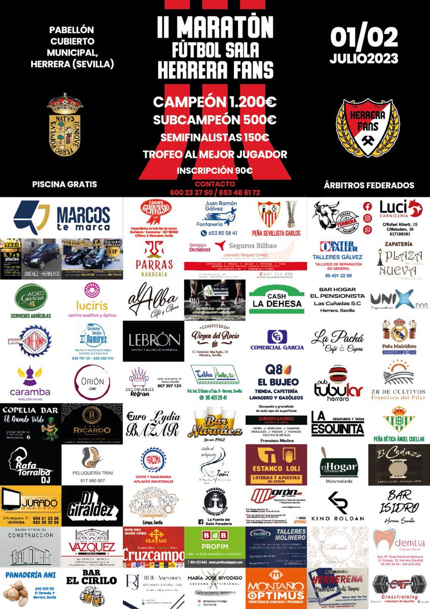 15 días nos separan de la II Maratón de Fútbol Sala Herrera Fans. ¡Nos vemos muy pronto!

🗓️ 01/02 Julio
📌Pabellón Cubierto Municipal, Herrera (Sevilla)