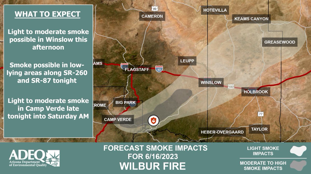 ArizonaDEQ's tweet photo. ❗ADEQ has UPDATED the #Wilbur Fire Wildfire Smoke Forecast❗
See how the #smoke is affecting your local community #CampVerde #ClintsWells #HappyJack #Winslow #Holbrook #Snowflake ➡️ https://t.co/i5mgYuMWVL
#AZFire #azwx #WilburFire #SmokeReady https://t.co/zDgeTskUQh