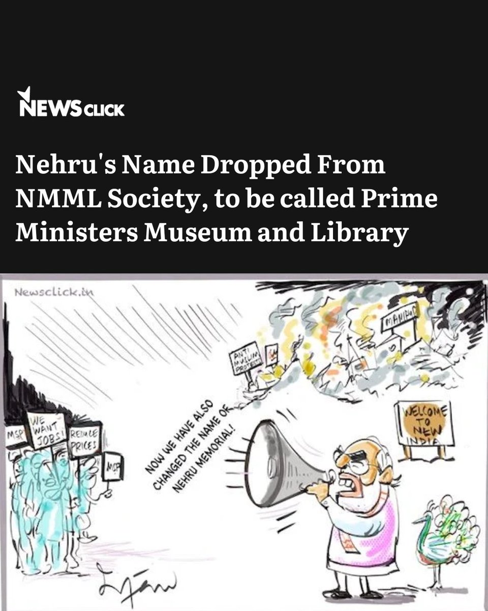 newsclickin's tweet photo. #CartoonClick | A year after Prime Minister Narendra Modi inaugurated the Prime Ministers Museum at the Teen Murti complex, the Nehru Memorial Museum and Library (NMML) Society changed the name of the complex to Prime Ministers Museum and Society.

The complex was the official residence of India's first Prime Minister, Jawaharlal Nehru.
Nehru's name was dropped in a meeting of the NMML Society on Thursday.

Cartoon by: @IRFANSCARTOONS

Read the full report👇

https://t.co/JviylscUOp

#NehruMuseum #NMML #History