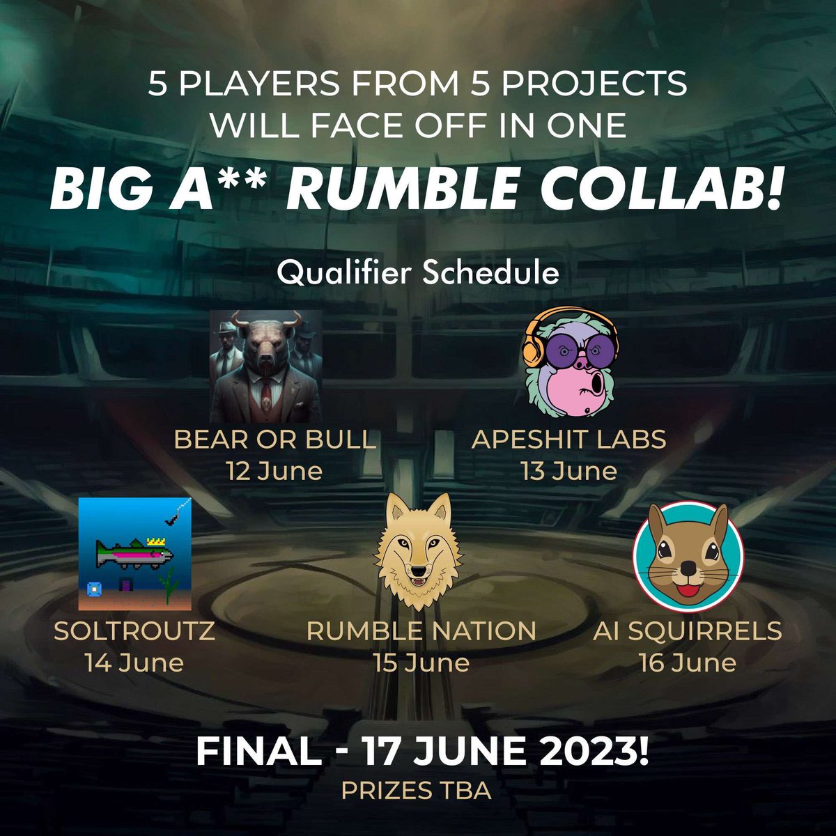 We’re hosting the finals of the big ass rumble tournament today.. 

Squirrels are about to crush our opponents today 🤯
<a href="/SolTroutz/">Sol Troutz - New website is up</a> 
@rumblenationNFT 
<a href="/ApeshitLabs/">APESHIT LABS</a> 
<a href="/bearorbull3/">BEAR OR BULL POKER</a> 
We wish you luck because you’ll need it🎉

See you in the server: discord.gg/rvSGdhHRHW