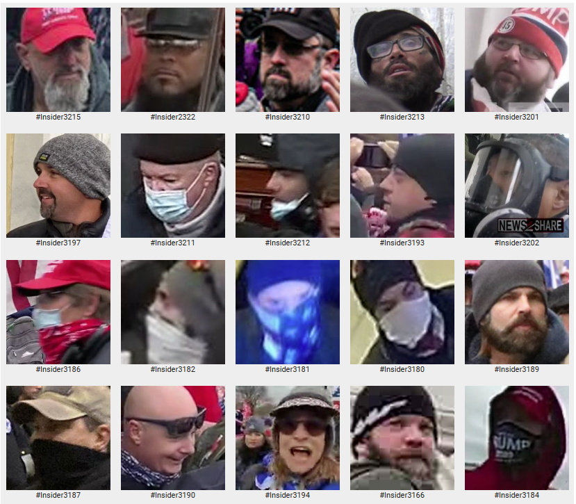 They stormed the Capitol!  We call them #SeditionInsiders because they were inside the building. Recognize anyone? If so the FBI would like to hear from you. #CapitolAttack Please note the numbers on these images are NOT FBI numbers seditionhunters.org/seditioninside………  #TheRealJ6