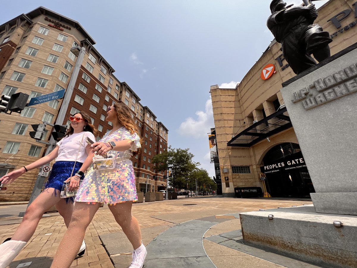 Swifties Allison Norris of South Buffalo and Maggie Telenko of Shadyside walk Friday to Acrisure Stadium to Tay-gate before the Taylor Swift Eras Tour concert tonight.⁦<a href="/TribLIVE/">TribLIVE.com</a>⁩